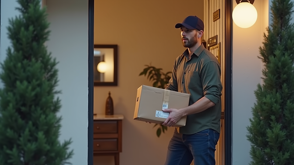 Close-up view of a courier picking up a package from a doorstep