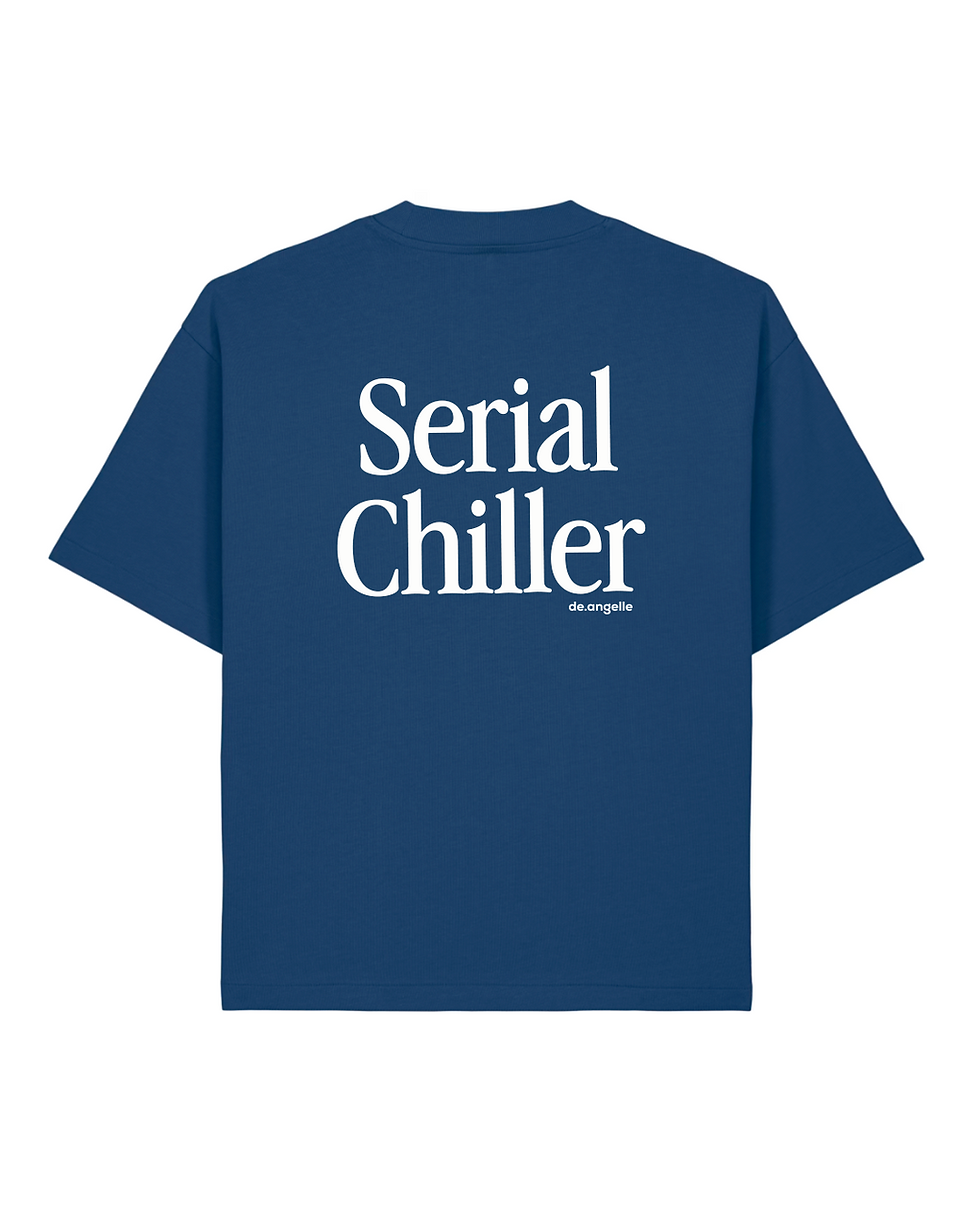Blue oversized T-shirt with large Serial Chiller typography on back