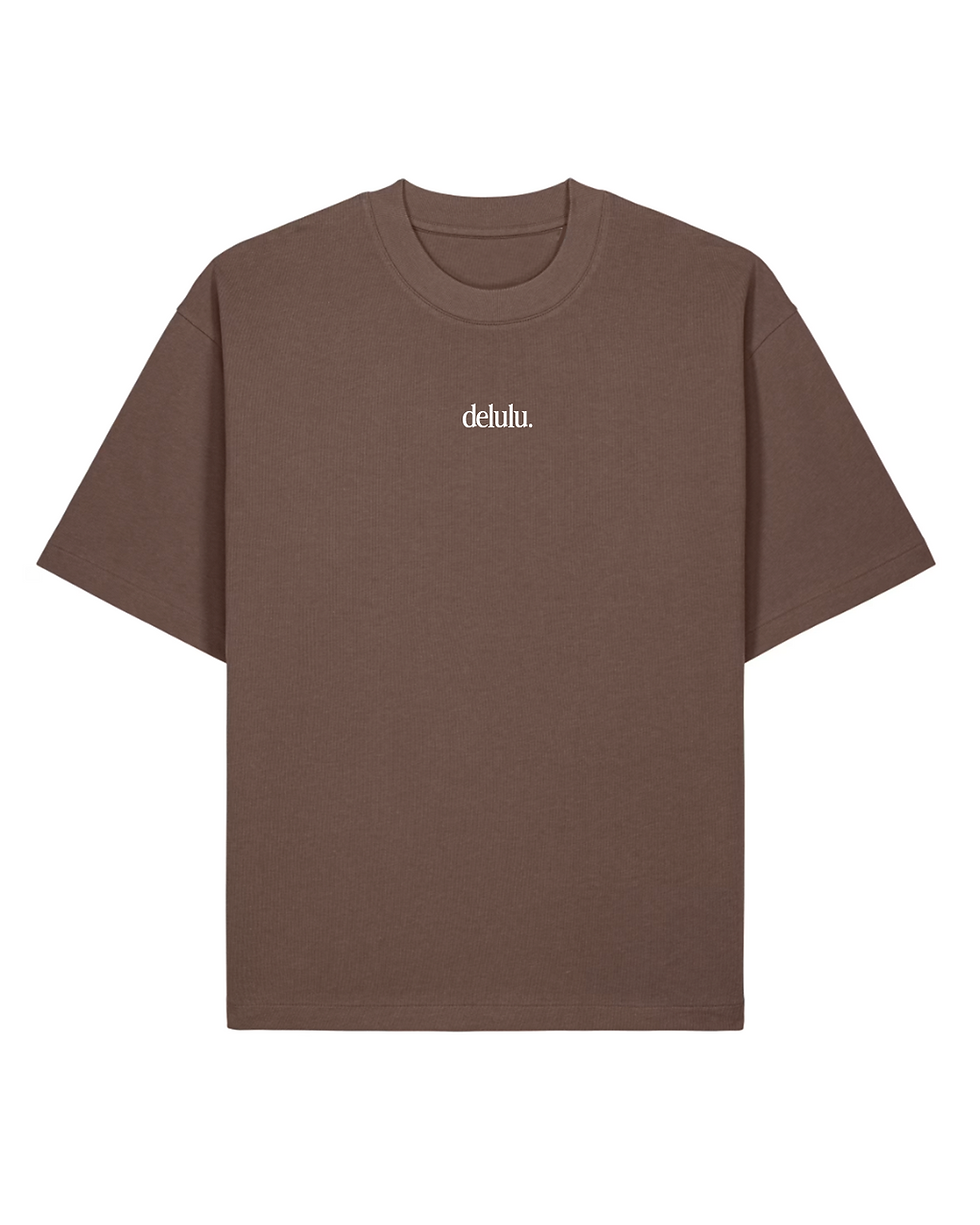 de.angelle Delulu oversized brown T-shirt with front and back graphic prints