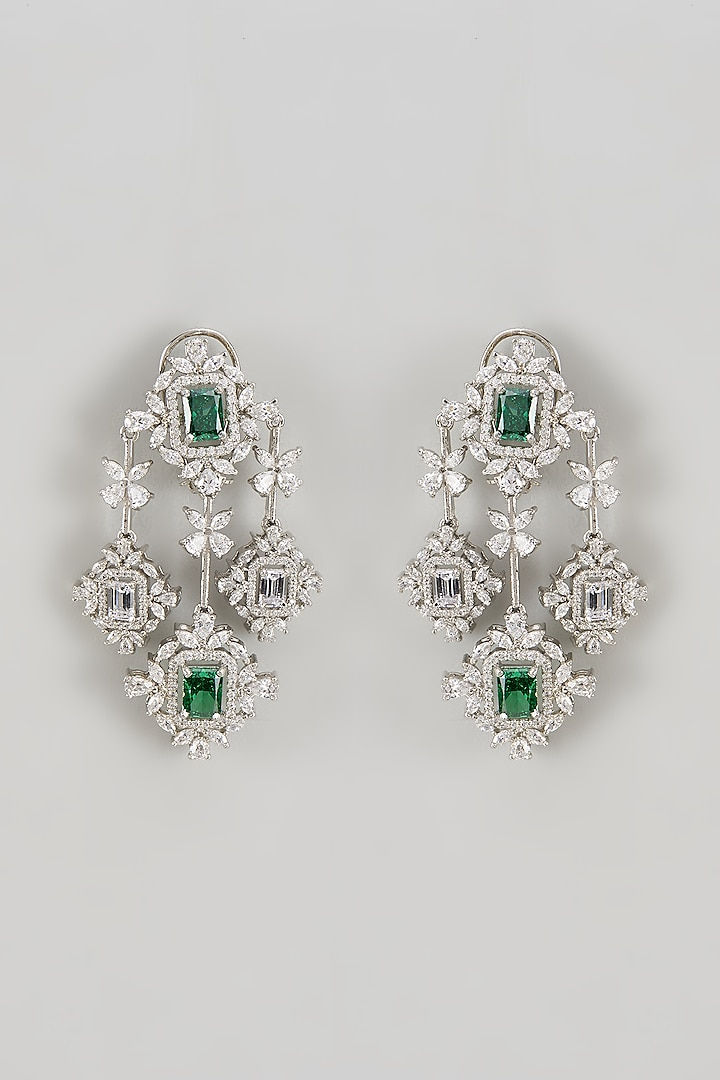 White Finish CZ Diamond & Emerald Stone Dangler Earrings In Sterling Silver