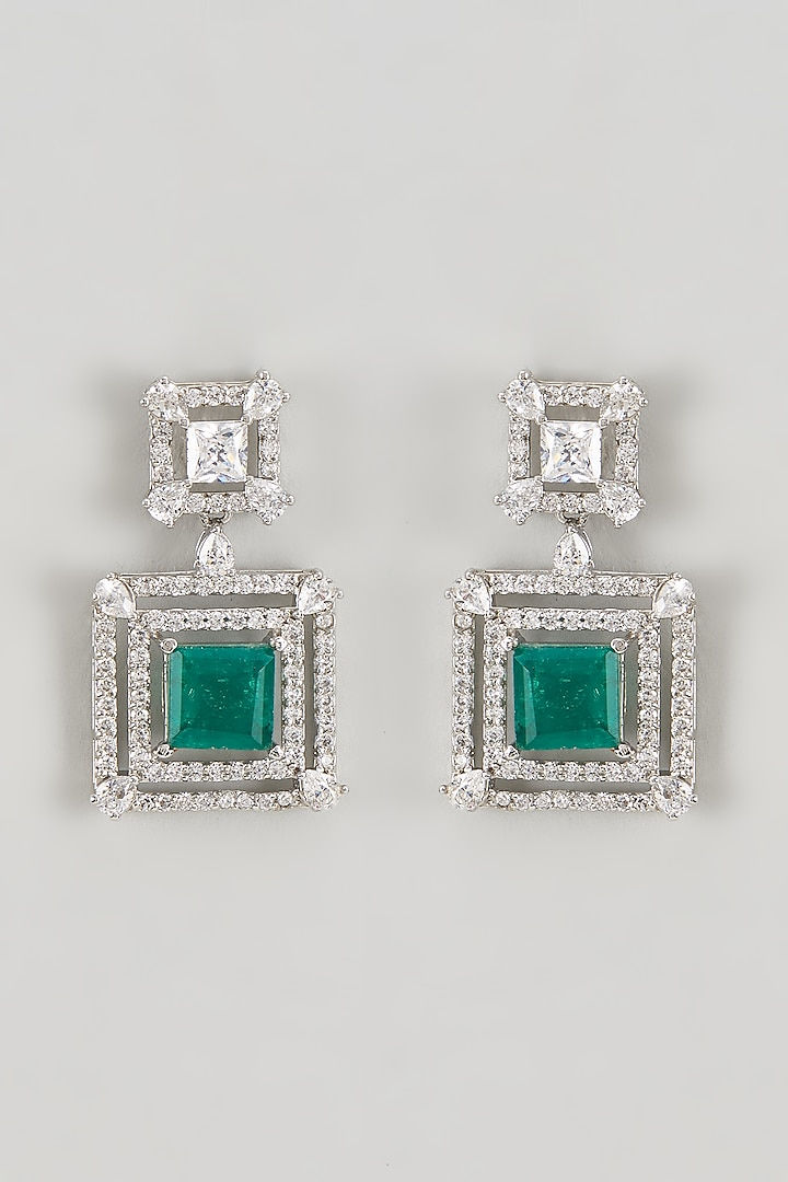 White Finish CZ Diamond & Emerald Stone Dangler Earrings In Sterling Silver