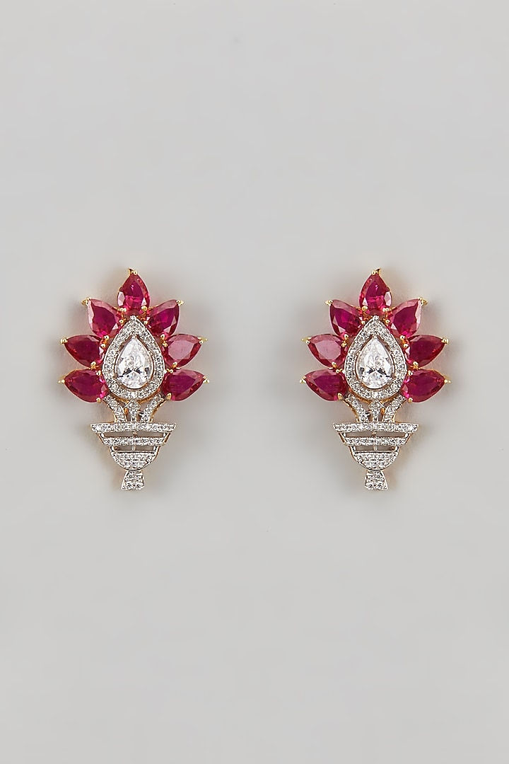 White Finish CZ Diamond & Ruby Stud Earrings In Sterling Silver