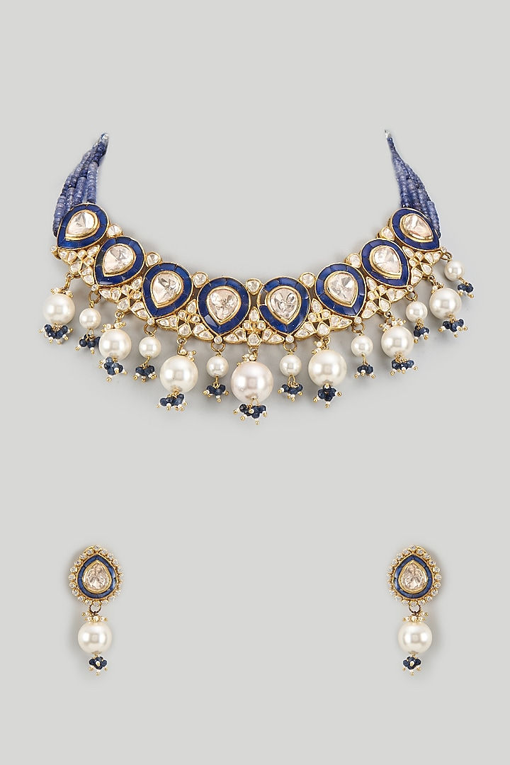 Gold Finish CZ Diamond & Kundan Polki Choker Necklace Set In Sterling Silver