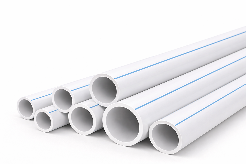 Stack of white PP pipes with blue stripe