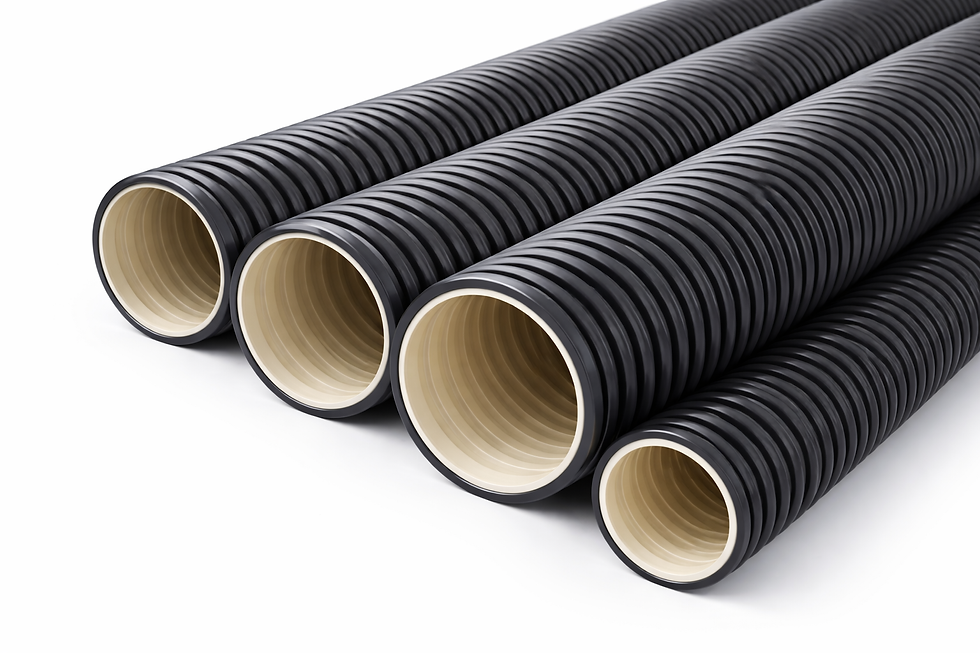 Corrugated black polyethylene pipes close-up