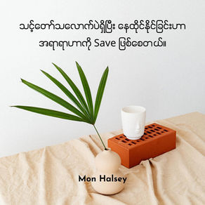 A palm leaf in a beige vase on a fabric surface, next to a white cup on a red brick. Text in another language, and "Mon Halsey." Minimalist style.