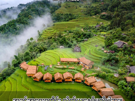 Aerial view of lush green terraced rice fields with huts in misty hills. Text: "MON HALSEY" and Burmese script below. Peaceful setting.