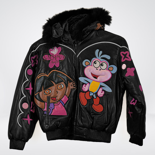 Dora Leather jacket with detachable fox trim hood black | Milano