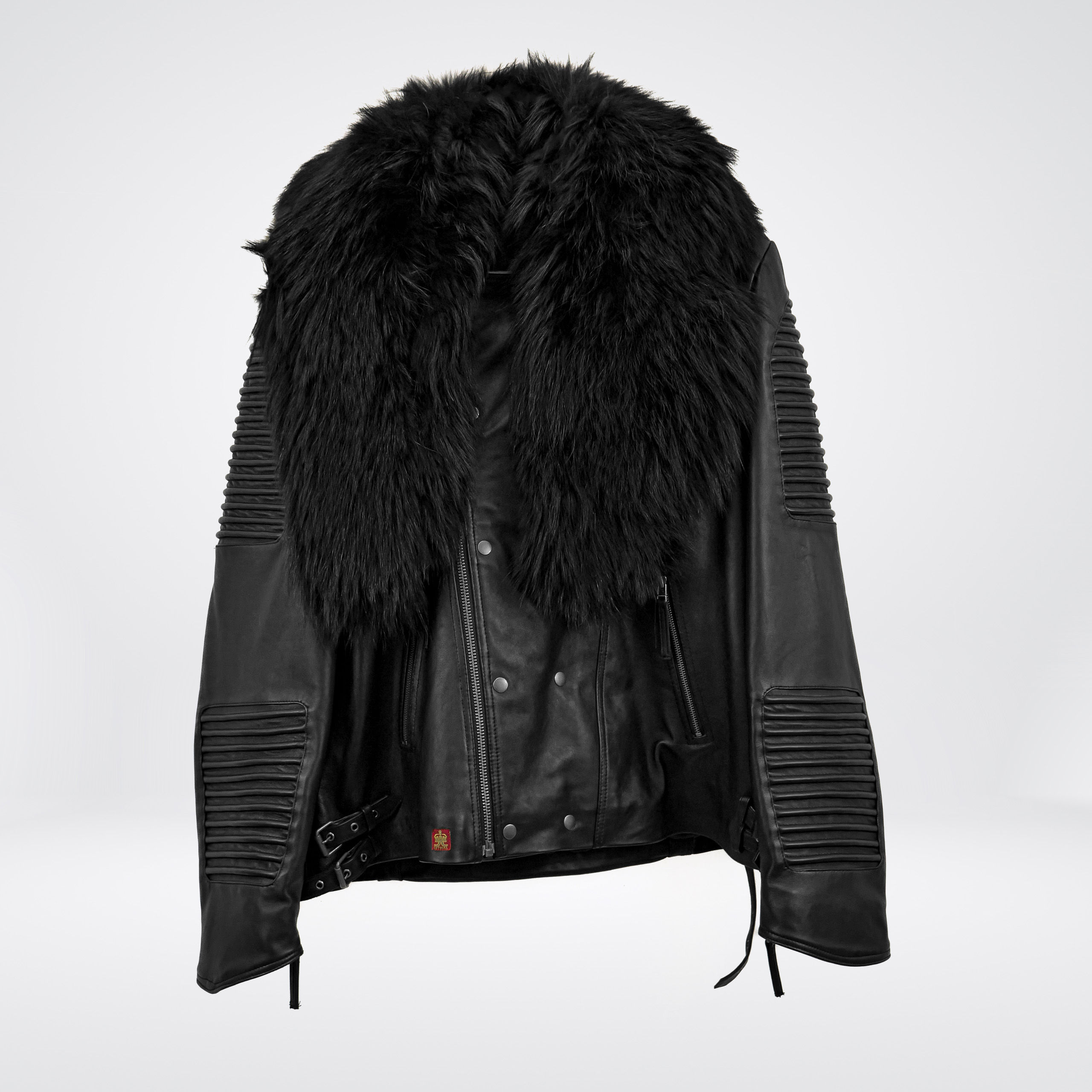 Motto Italian Leather Jacket with Detachable Full Skin Fox Collar black