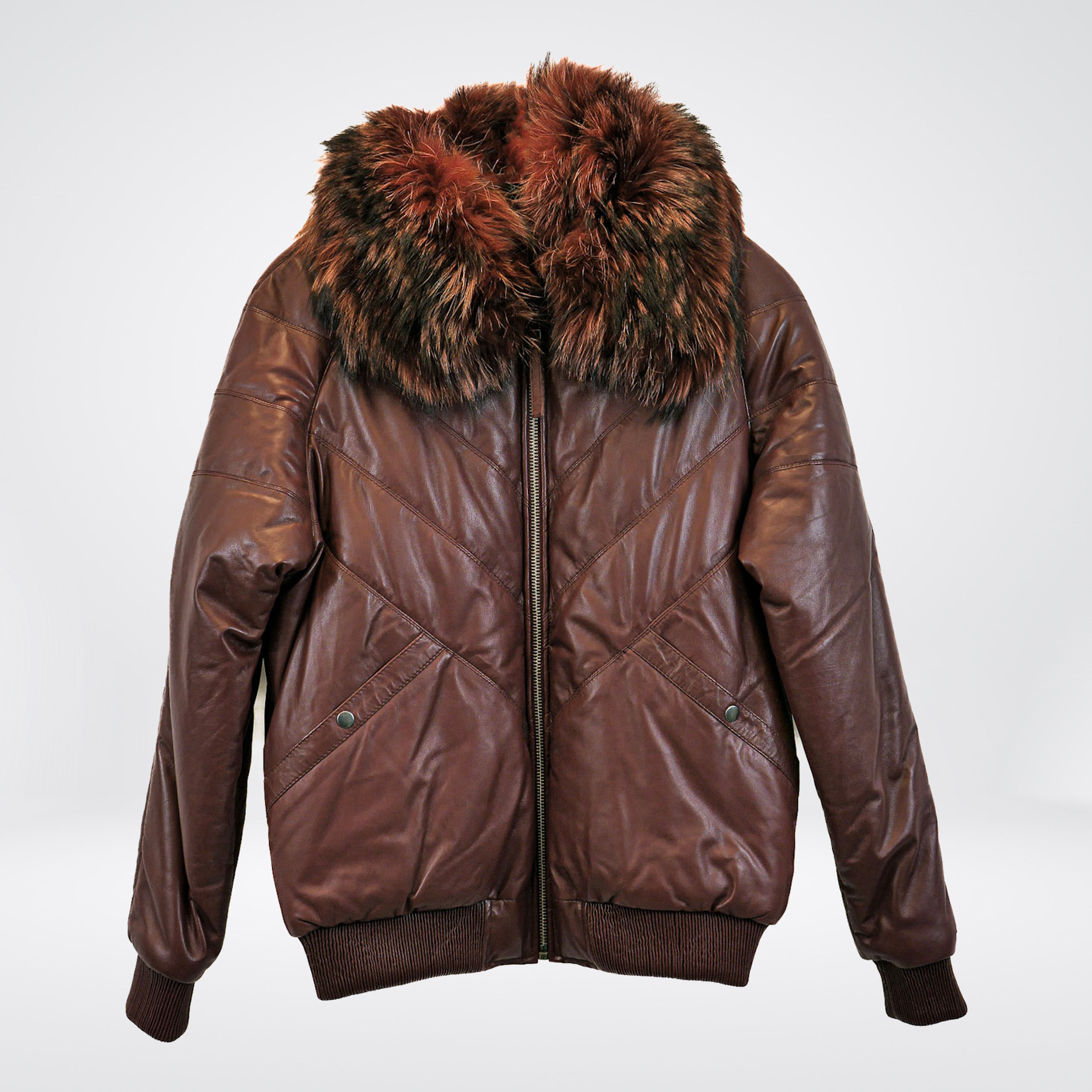 New Zeland Lamb Skin Leather bomber w/detachable Full skin Fox collar Burgundy