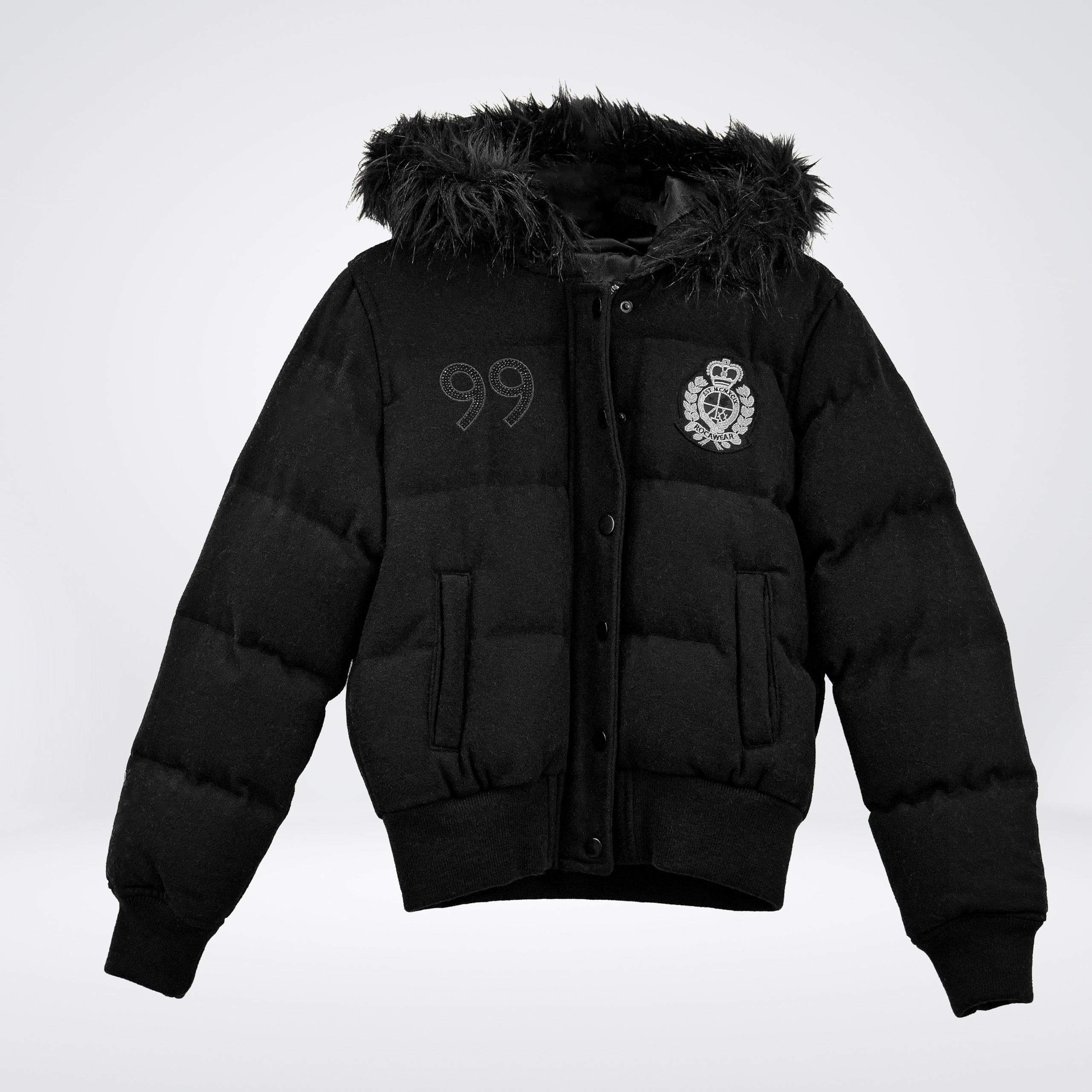 Rocawear wool bomber with fur trim hood black