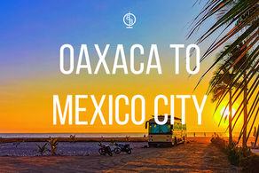 Bus on a beach at sunset, palm trees, and motorcycles. Text: Oaxaca to Mexico City. Vibrant orange and blue sky. Peaceful mood.
