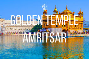 Golden Temple in Amritsar, India, reflected in water. Bright golden structure, blue sky. "GOLDEN TEMPLE AMRITSAR" text overlay.