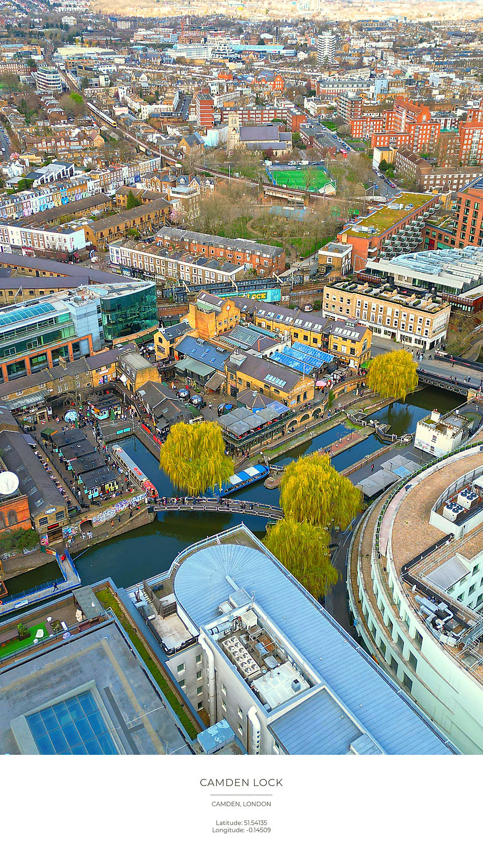 Aerial view of Camden Lock, London. Colorful buildings, canal, and trees visible. Bustling area with people, signs, and bridges.