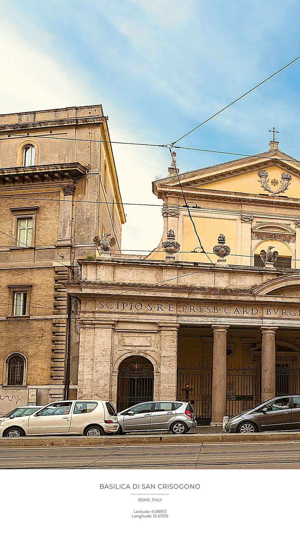 Historic Basilica di San Crisogono in Rome with parked cars, beige and gray facade, blue sky, and text on building front. Quiet atmosphere.