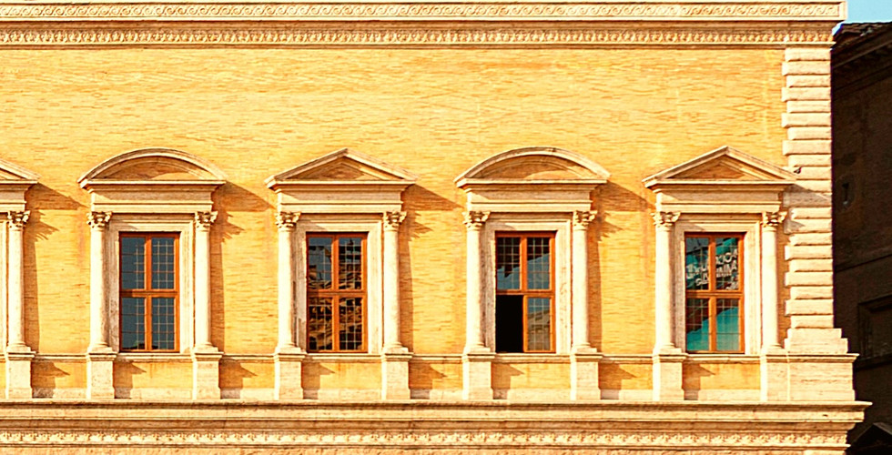 Exterior of Palazzo Farnese in Rome, a yellow Renaissance building with arched windows. Text below reads "PALAZZO FARNESE, ROME, ITALY."