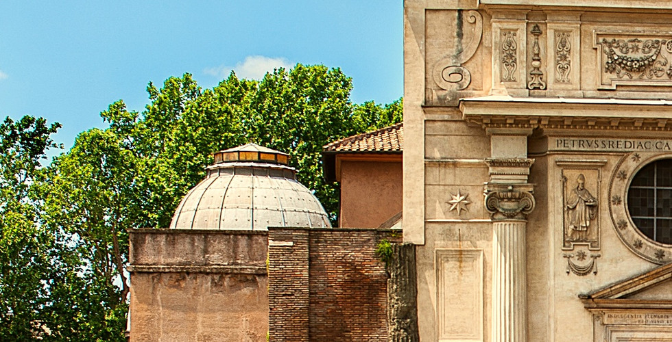 Historic San Nicola in Carcere, Rome, with columns and dome under a blue sky. Text below reads location and coordinates.