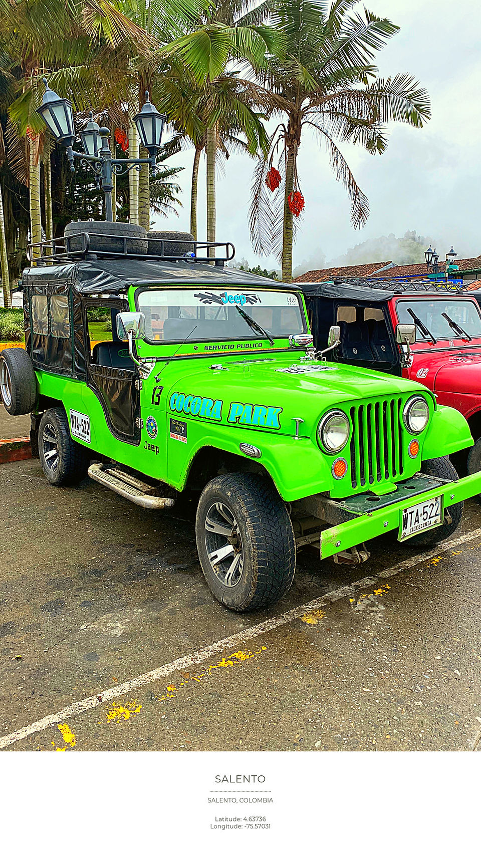 Bright green Jeep labeled "Cocora Park" parked under palm trees. Red Jeep beside it. Location: Salento, Colombia. Foggy background.