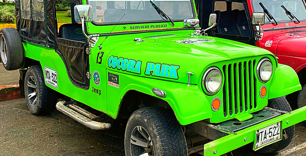 Bright green Jeep labeled "Cocora Park" parked under palm trees. Red Jeep beside it. Location: Salento, Colombia. Foggy background.