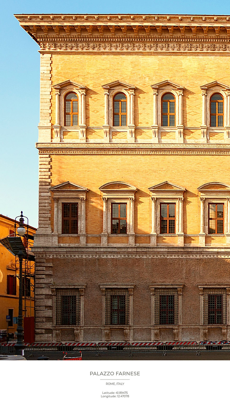 Palazzo Farnese, Rome, with light brown facade and arched windows against a clear blue sky. Text at bottom shows latitude and longitude.
