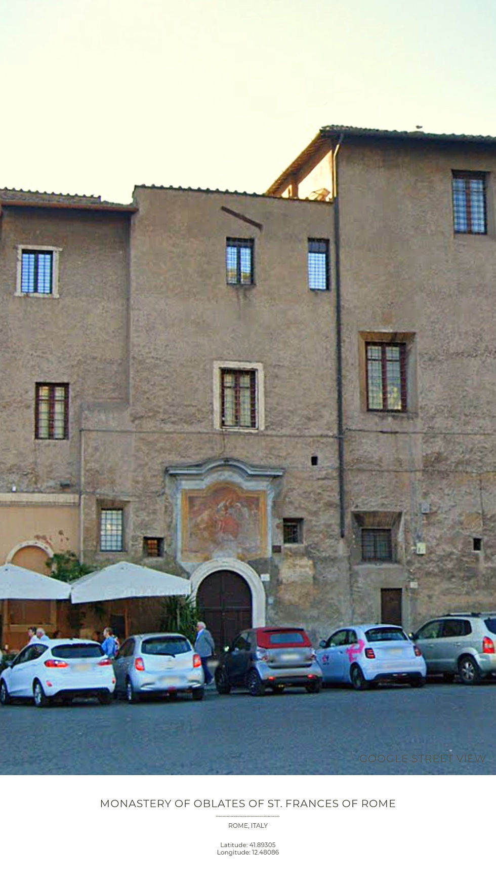 Historic monastery façade with arched door, parked cars, and people under white canopies in Rome. Mural above entry adds color.