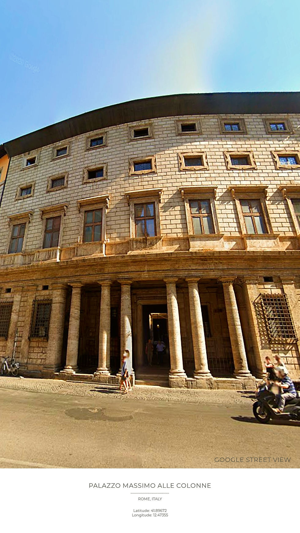 People walk past Palazzo Massimo alle Colonne in Rome. A motorcyclist rides by. The building has columns and square windows under a clear sky.