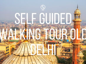 Skyline of Old Delhi with domes and a minaret. Bold text reads "SELF GUIDED WALKING TOUR OLD DELHI" over the cityscape.