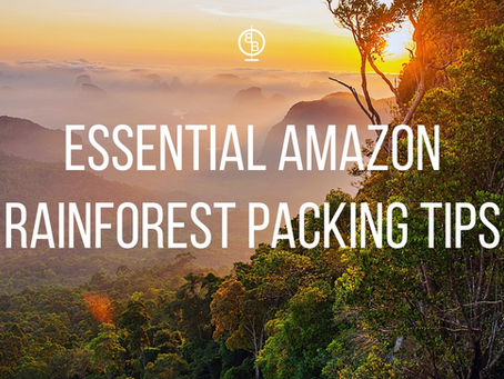 Sunset over lush Amazon rainforest with text: "Essential Amazon Rainforest Packing Tips." Warm hues set a serene mood.