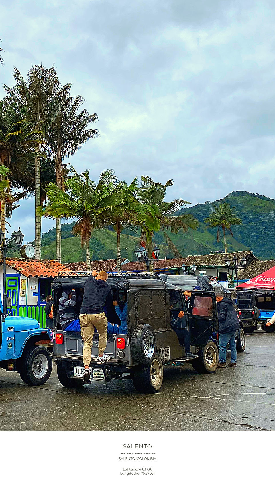 People boarding a black jeep in Salento, Colombia, with palm trees and mountains in the background. Overcast sky. Text: Salento location details.