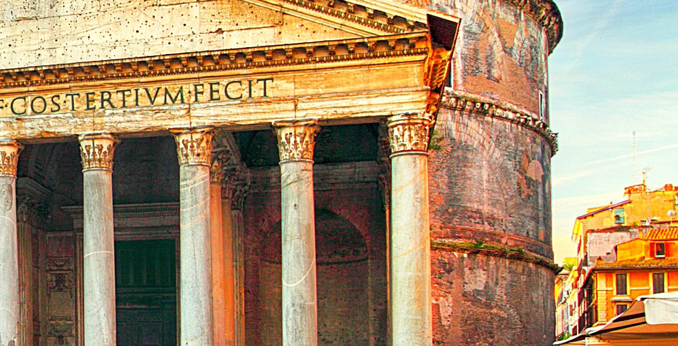 The Pantheon in Rome under a vibrant sunset sky; ancient columns, cobblestone foreground, nearby outdoor seating. Text: "Pantheon."
