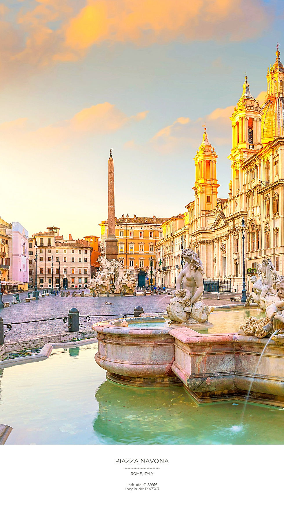 Piazza Navona at sunset, Rome, with a detailed fountain in the foreground, historic buildings, and an obelisk under a colorful sky.