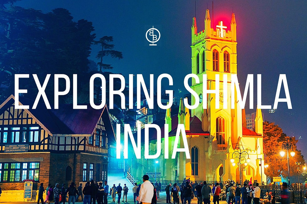 Night scene of Shimla, India, with crowds in front of a lit church and Tudor-style building. Text reads "Exploring Shimla India."