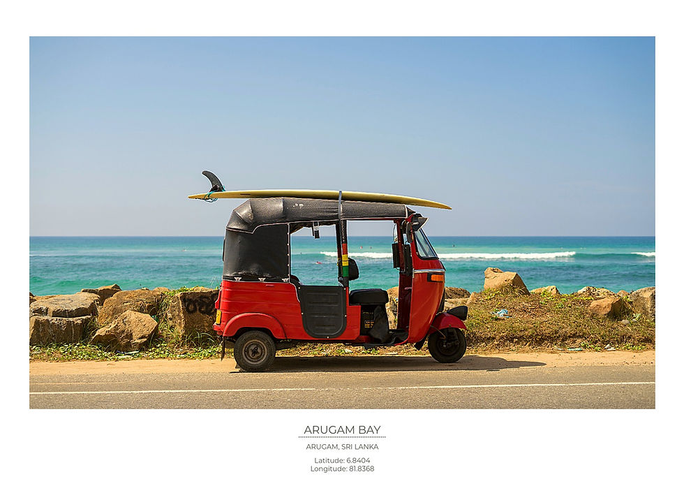 Red tuk-tuk with surfboard on top parked by a coastal road. Blue sea and clear sky in the background. Arugam Bay text below.