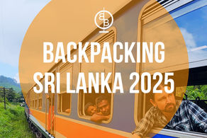 People leaning out of a moving train's windows, set in lush green Sri Lankan scenery. Text: Backpacking Sri Lanka 2025.