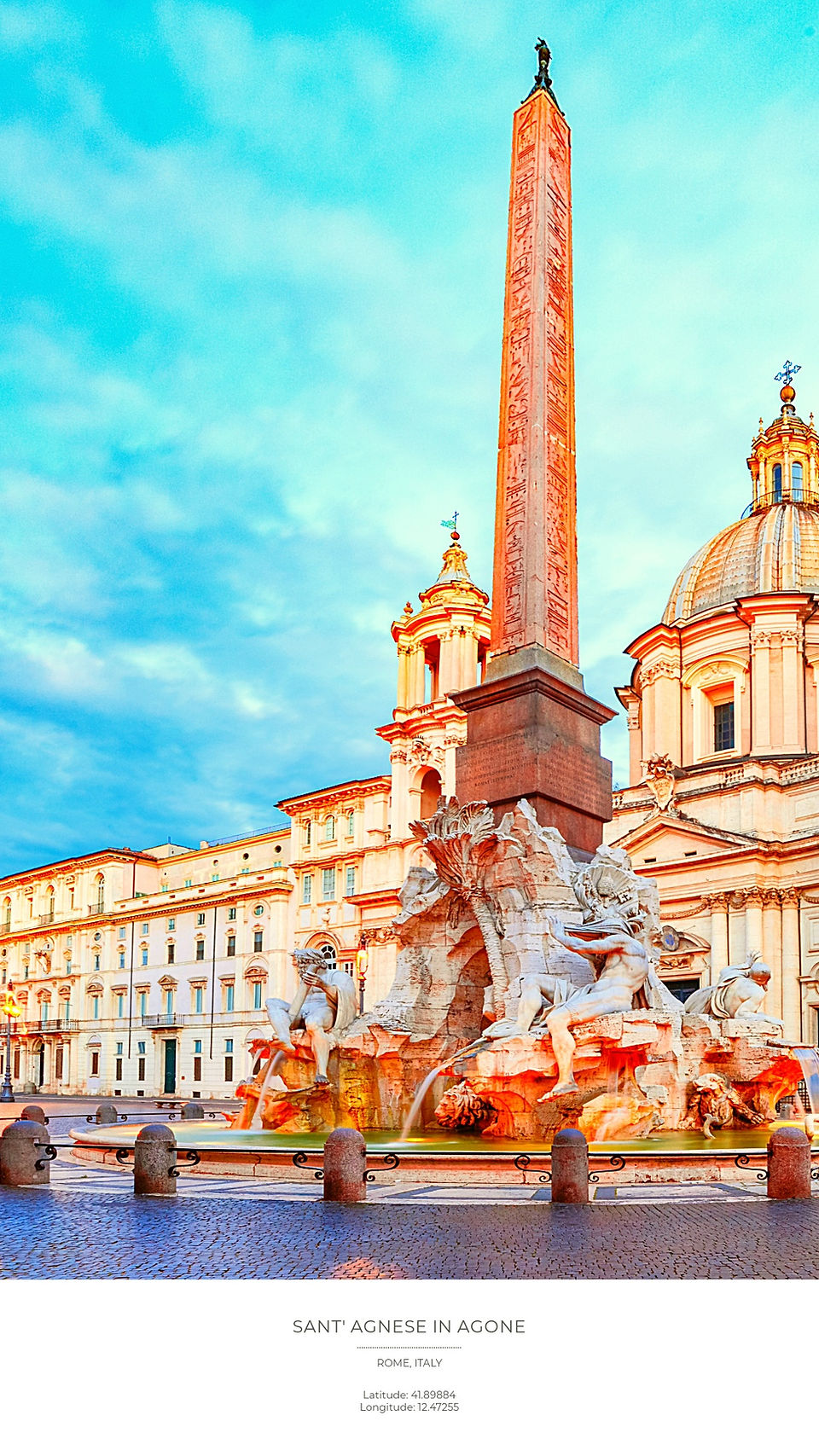 Obelisk and ornate fountain in Piazza Navona, Rome. Historic baroque architecture under a vibrant blue sky. Text: Sant' Agnese in Agone.