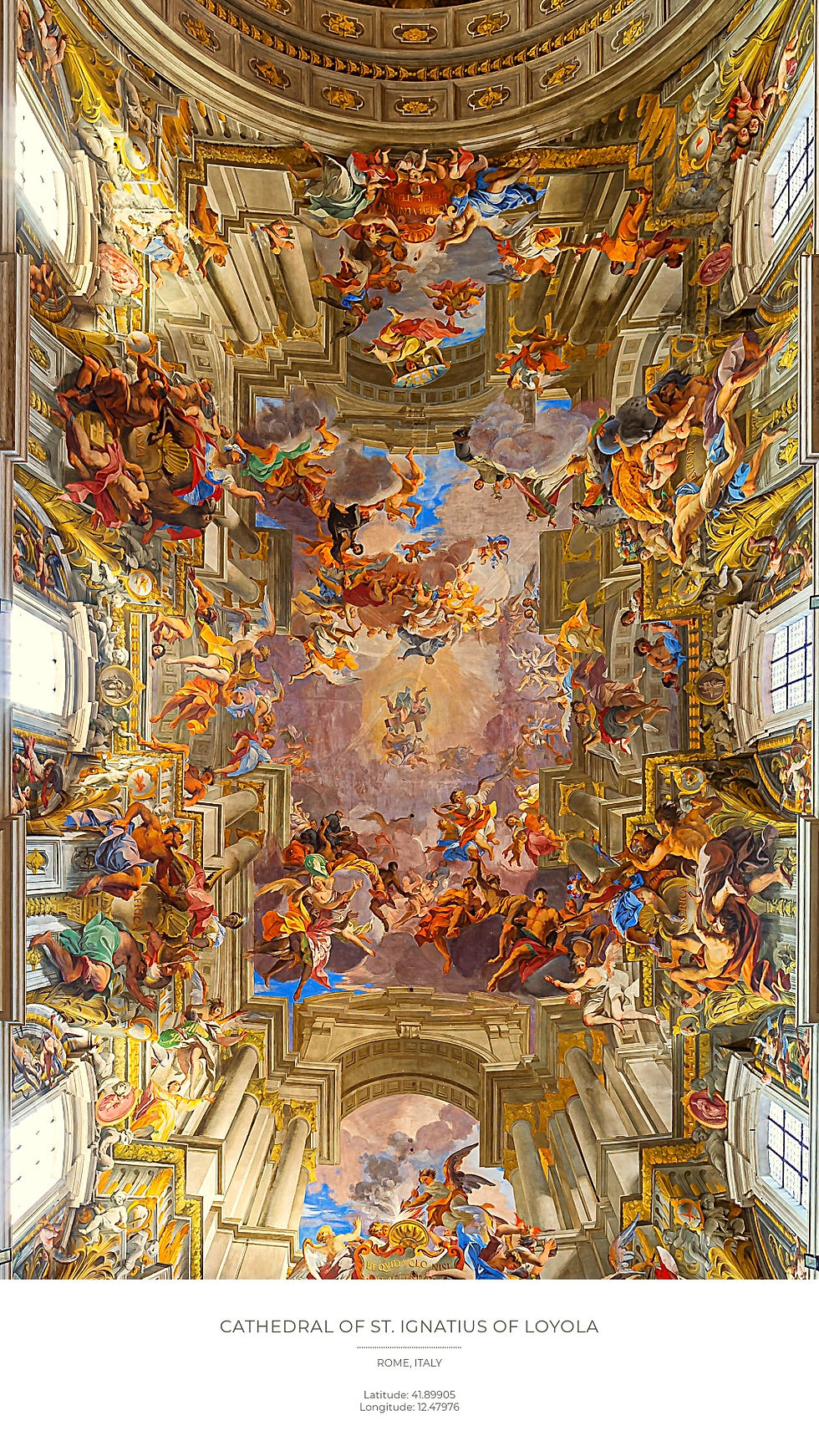 Vibrant fresco of angels and figures on the cathedral ceiling in St. Ignatius of Loyola, Rome. Ornate architectural details, rich colors.