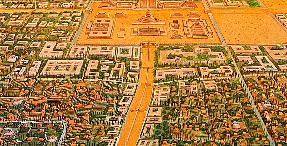 Illustrated map of Tenochtitlan showing a city with canals, pyramids, and a grid layout surrounded by water. Text: Tenochtitlan, Mexico City.