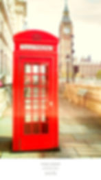Red London phone booth with Big Ben in the background on a sunny day. Text: "TELEPHONE" and "ICONIC LONDON, WESTMINSTER."