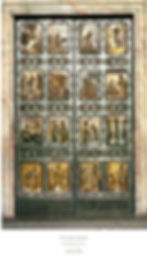 Bronze doors with religious reliefs at St. Peter's Basilica; text at bottom reads "The Holy Door." Marble frame surrounds the artwork.
