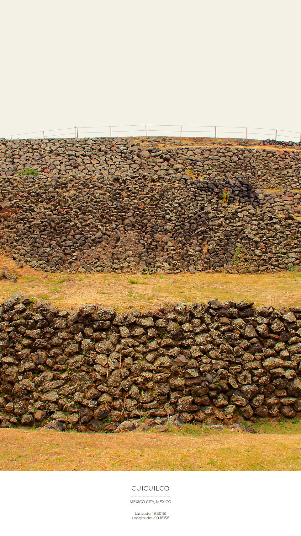 Stone structure at Cuicuilco, Mexico City, with tiered rock walls. Sparse grass surrounds. Text below shows location and coordinates.