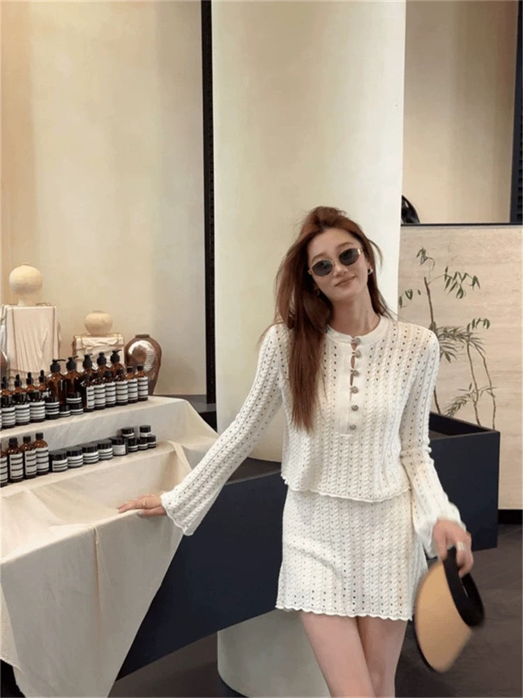 Thumbnail: Knit Eyelet Top & Skirt Set