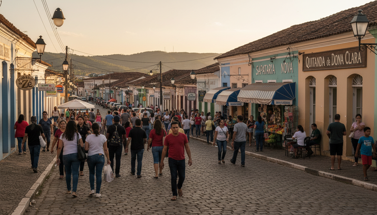 Vista ampla de uma rua comercial em Campinas com fachadas locais ao entardecer.
