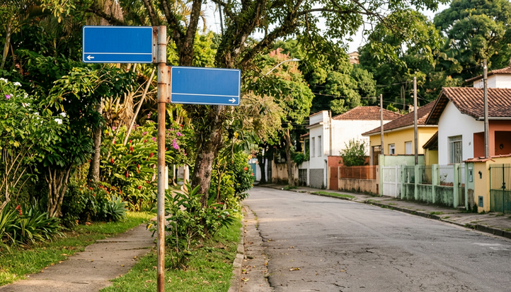 Eye-level view of directional signs on a quiet road in a Brazilian neighborhood