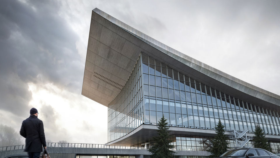 Photorealistic 3D visualization of a large-scale public architecture project, exhibition center or cultural venue, high-end exterior rendering