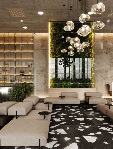Photorealistic interior visualization of a luxury lounge and bar area, biophilic design with vertical green wall and statement lighting, sophisticated terrazzo flooring, high-end hospitality interior rendering.