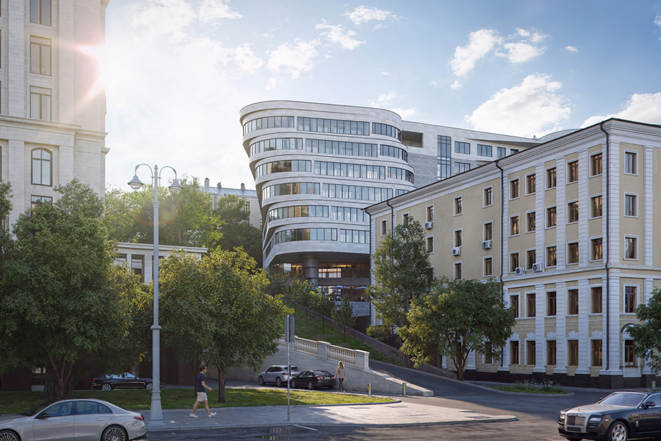 Photorealistic architectural visualization of a modern, curved commercial building integrated into a historic urban district, high-end office development rendering, urban infill and contextual architecture design.