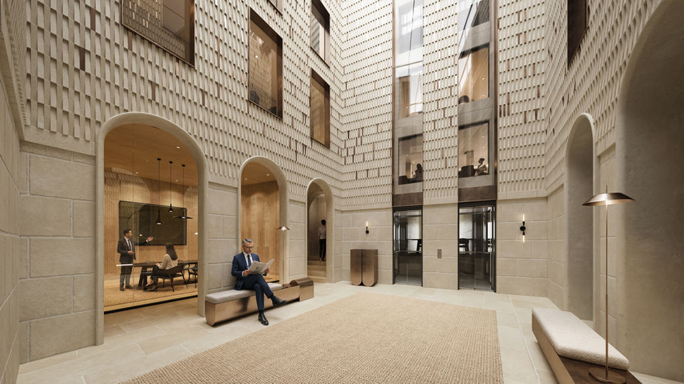 Photorealistic interior visualization of a luxury office atrium with arched openings, hand-cut limestone walls with decorative brickwork pattern, double-height space with clerestory glazing, warm wood-lined meeting rooms, bouclé rug, high-end commercial architecture rendering