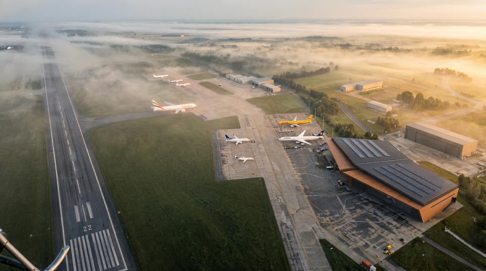 Aerial architectural visualization of a modern airport terminal and infrastructure hub, drone perspective rendering for transport architecture, large-scale site development and master planning concept.