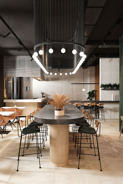 Photorealistic interior visualization of a modern restaurant or cafe, commercial hospitality design with statement lighting and premium textures, high-end commercial interior architectural rendering.