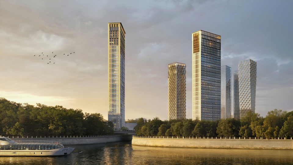 Photorealistic visualization of luxury high-rise residential towers on the waterfront, exterior rendering for real estate marketing, large-scale urban development concept with riverfront view.